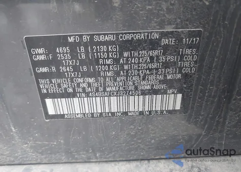 2018 Subaru Outback 2.5I Premium z USA, uszkodzony, nr VIN 4S4BSAFCXJ3274506